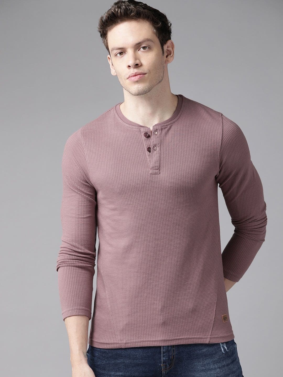 Roadster Men Mauve Textured Henley Neck T-shirt - view 1