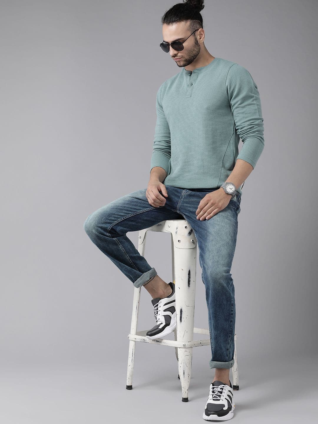 Roadster Men Sea Green Henley Neck T-shirt - view 1