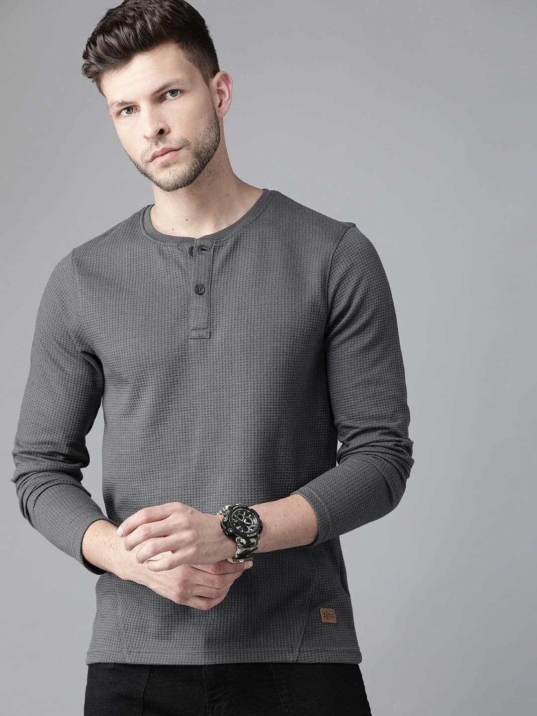 Roadster Men Charcoal Grey Self-Design Henley Neck T-shirt - view 1