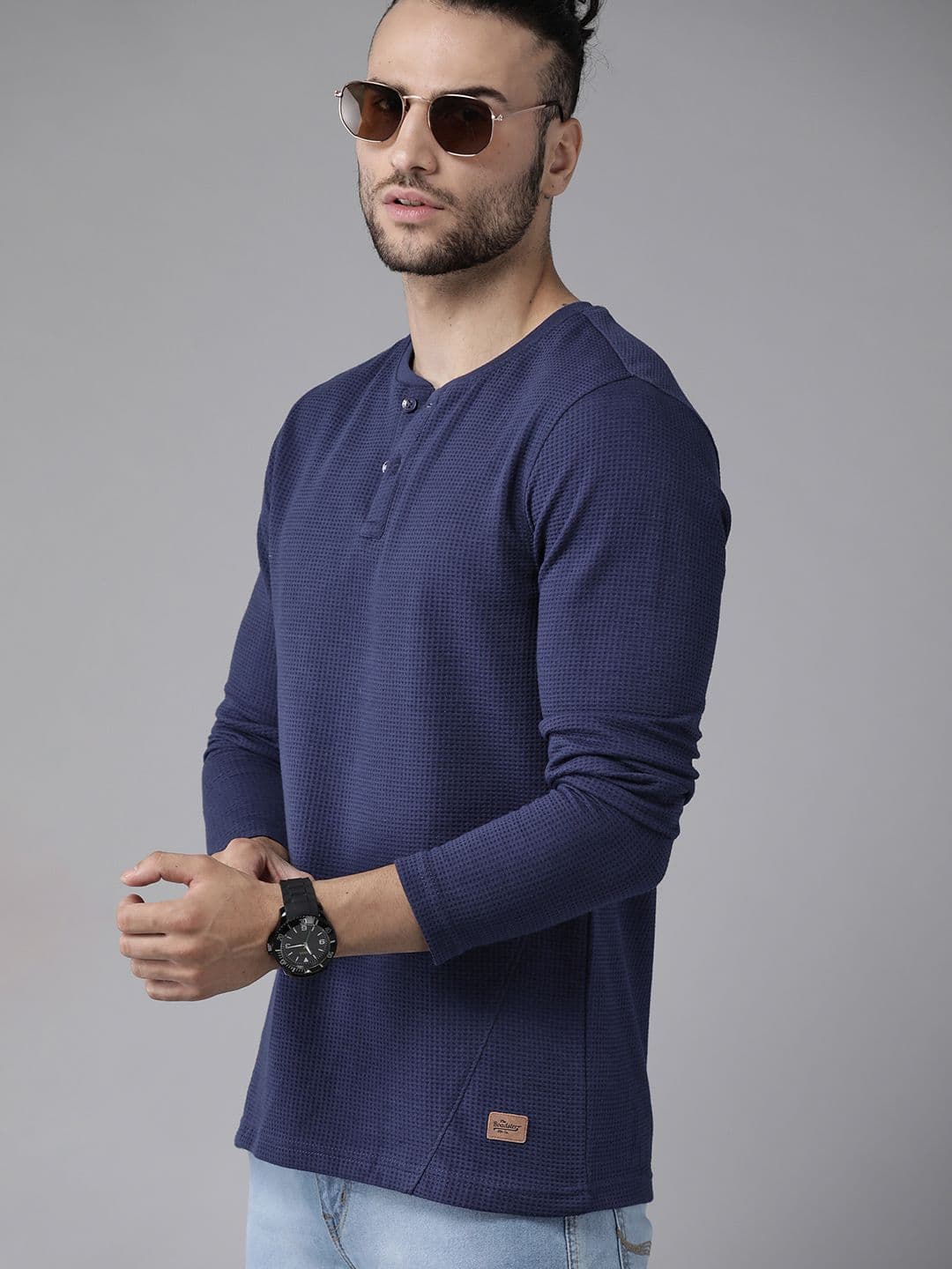 Roadster Men Navy Blue Henley Neck T-shirt - view 1