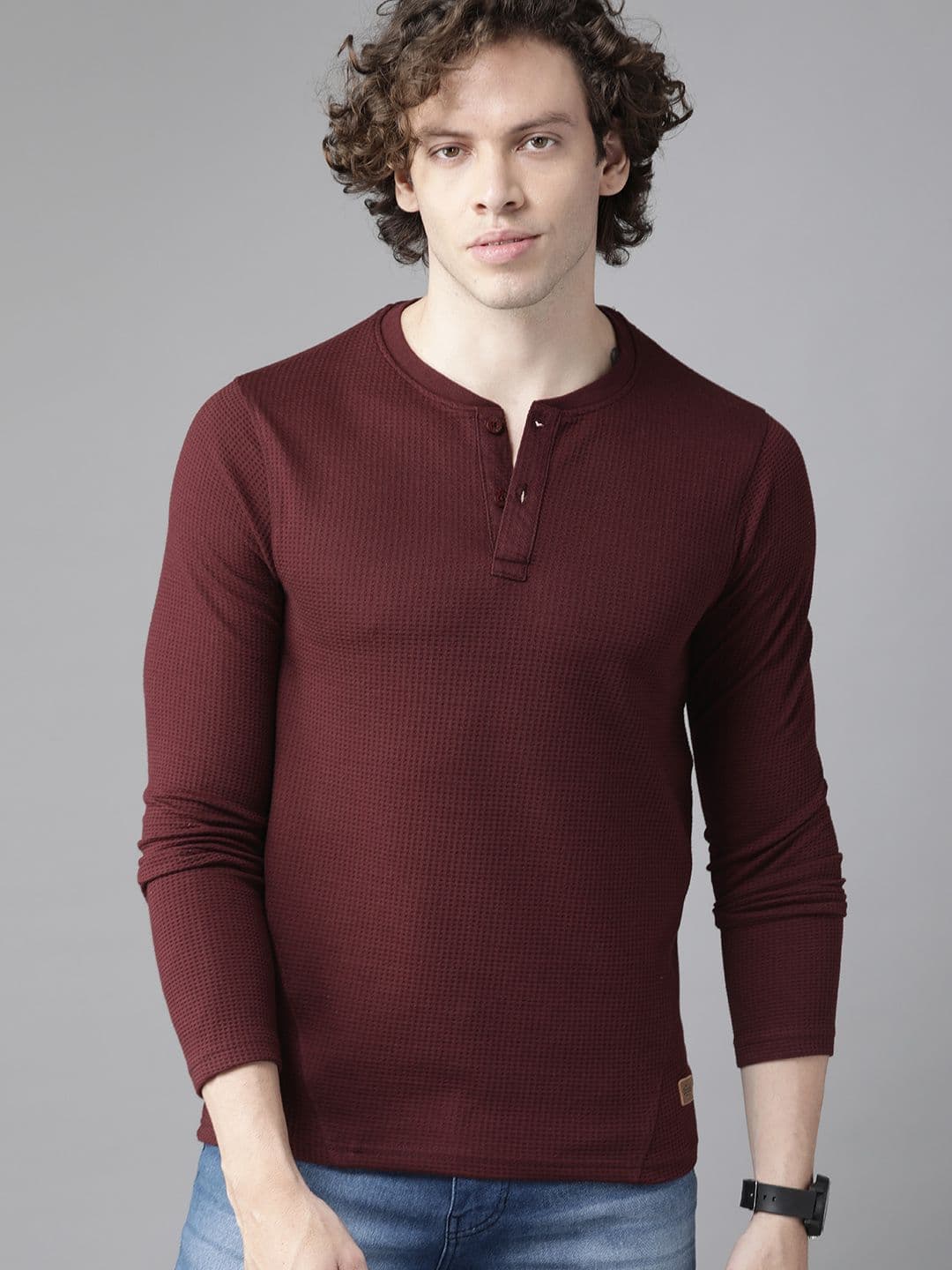 Roadster Men Maroon Self-Design Henley Neck T-shirt - view 1