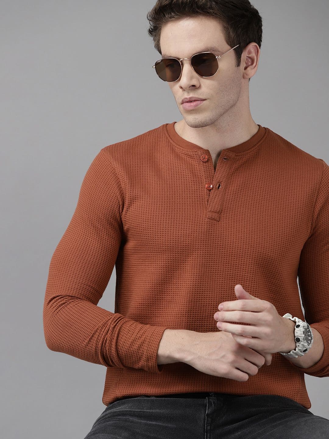 Roadster Men Rust Checked Mandarin Collar T-shirt - view 1