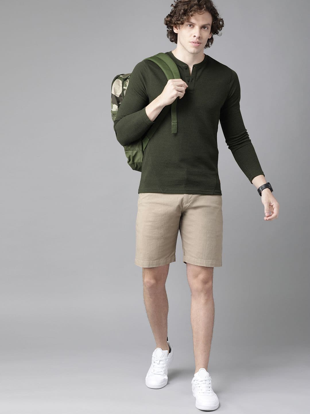 Roadster Men Green Self-Design Henley Neck T-shirt - view 1