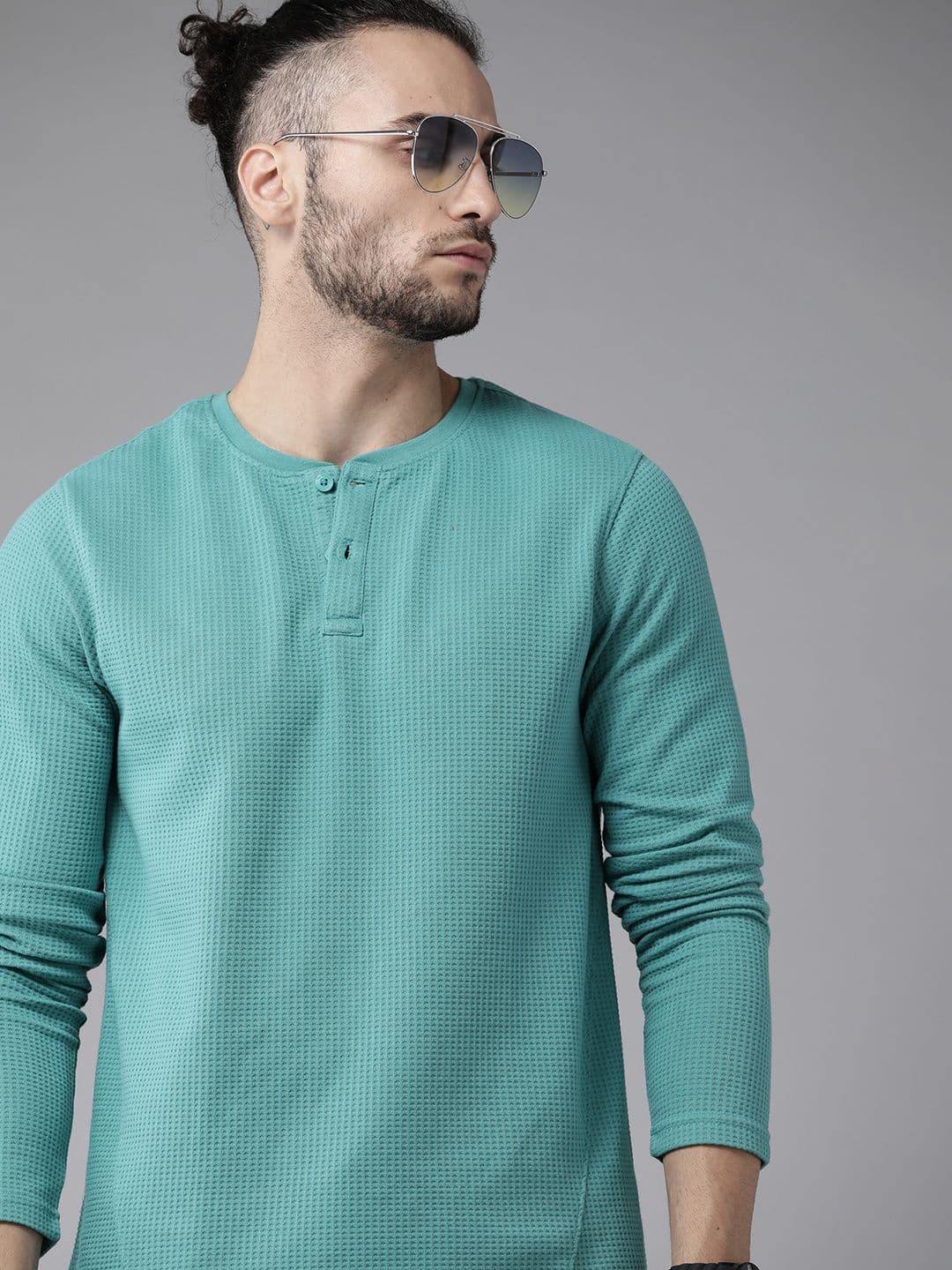 Roadster Men Sea Green Waffle Texture Henley Neck T-shirt - view 1