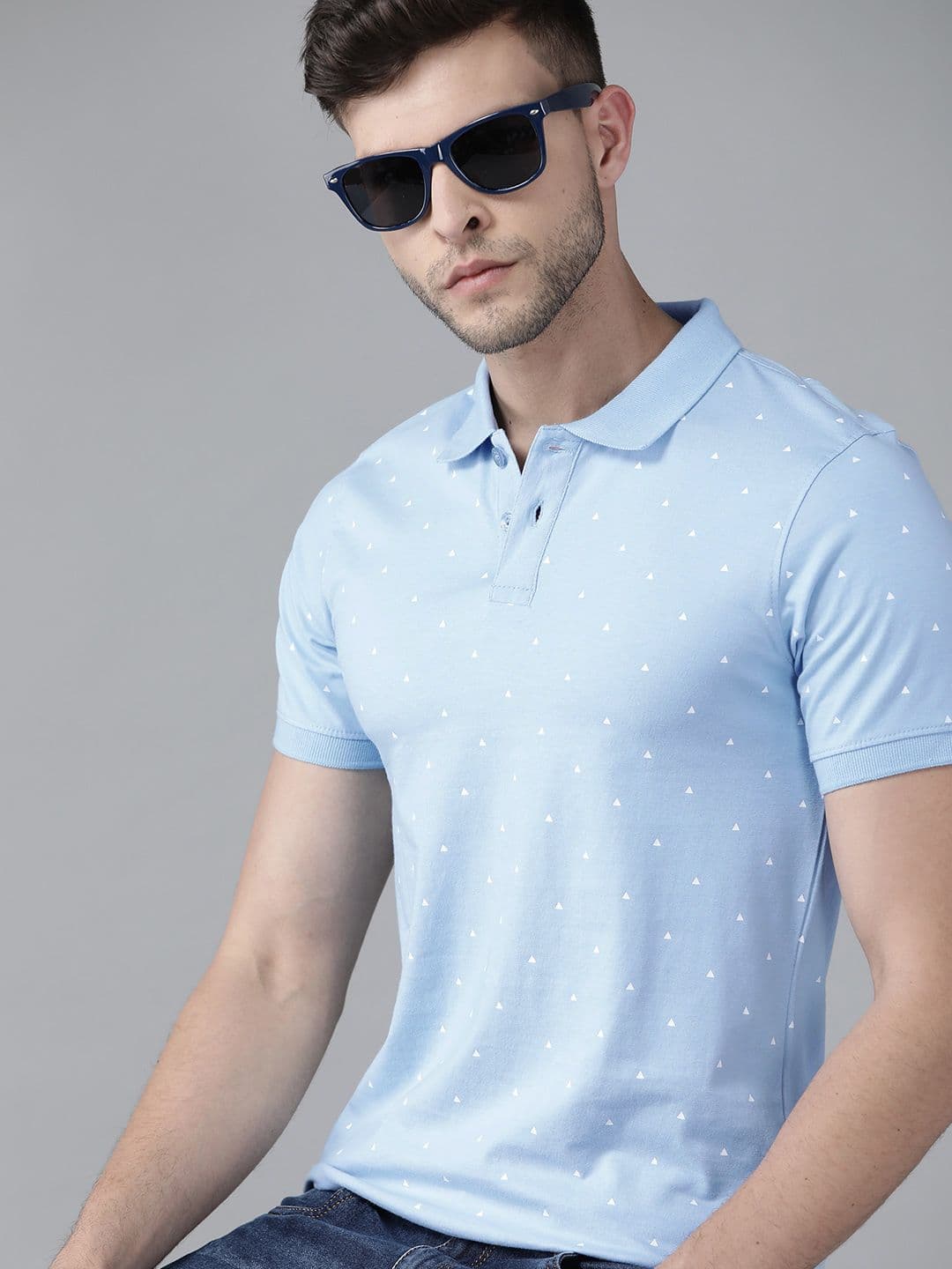 Roadster Men Blue & White Printed Polo Collar Pure Cotton T-shirt - view 1