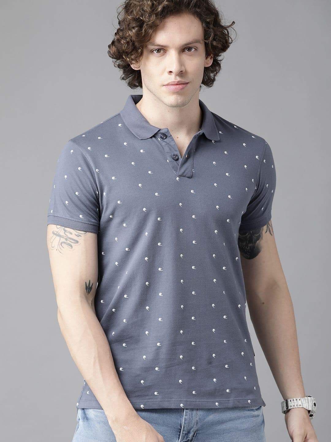 Roadster Men Grey & White Cotton Printed Polo Collar T-shirt - view 1