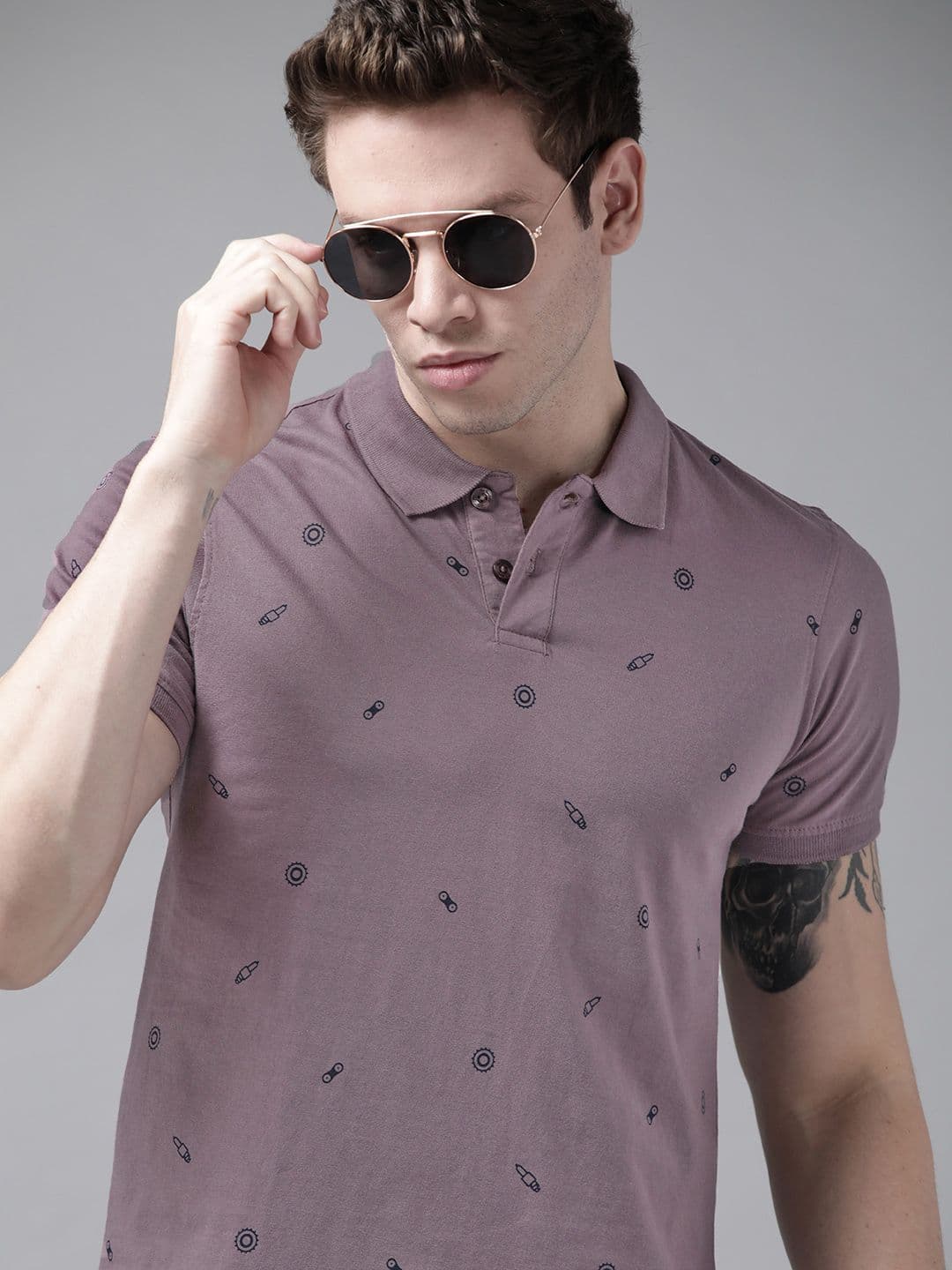 Roadster Men Mauve & Black Printed Polo Collar T-shirt - view 1
