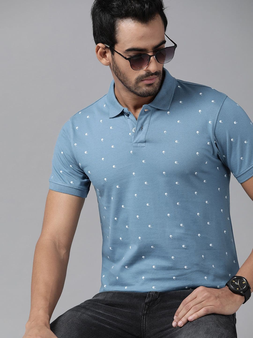 Roadster Men Blue & White Printed Polo Collar Cotton T-shirt - view 1