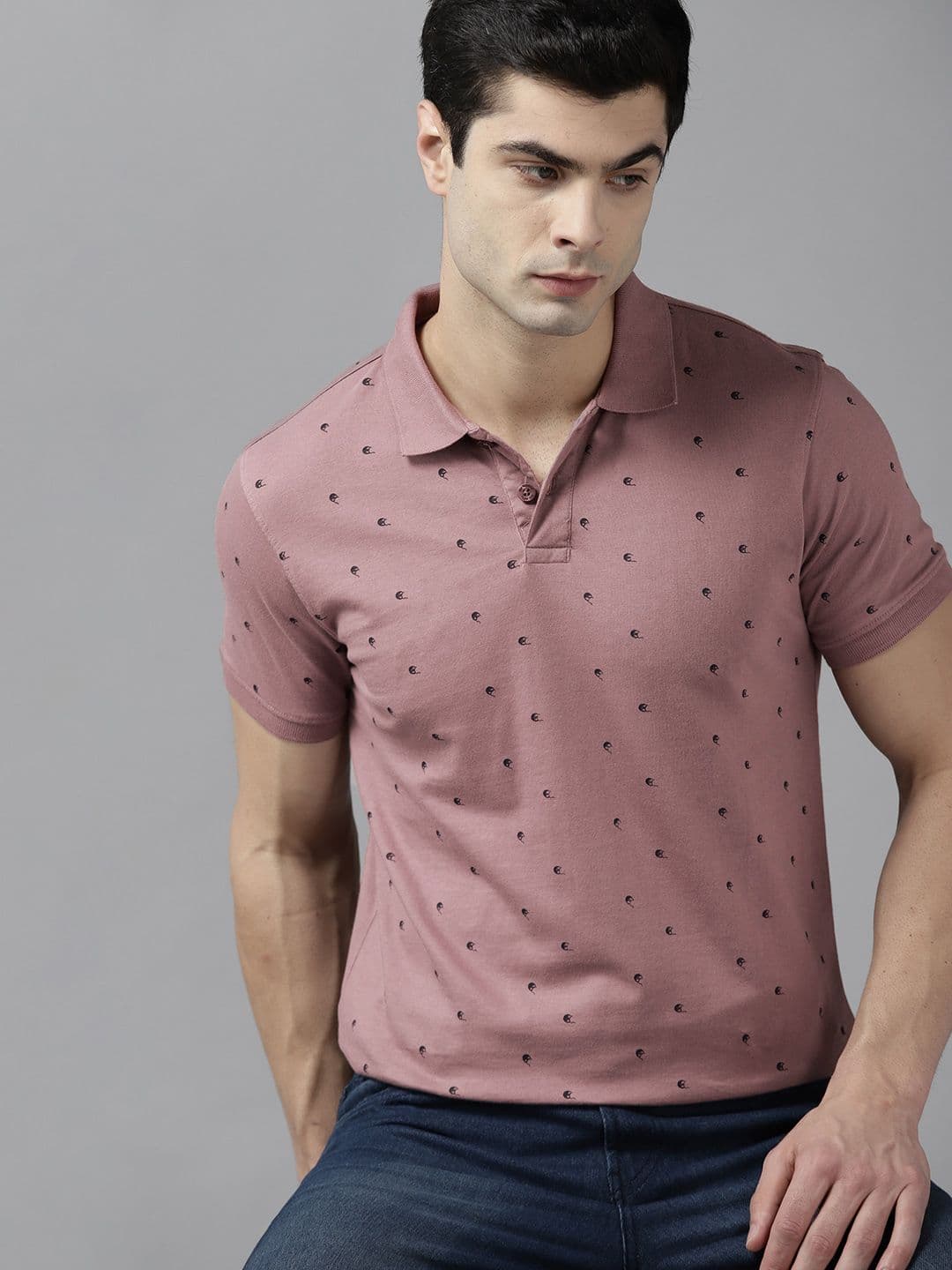 Roadster Men Mauve & Navy Blue Printed Polo Collar T-shirt - view 1
