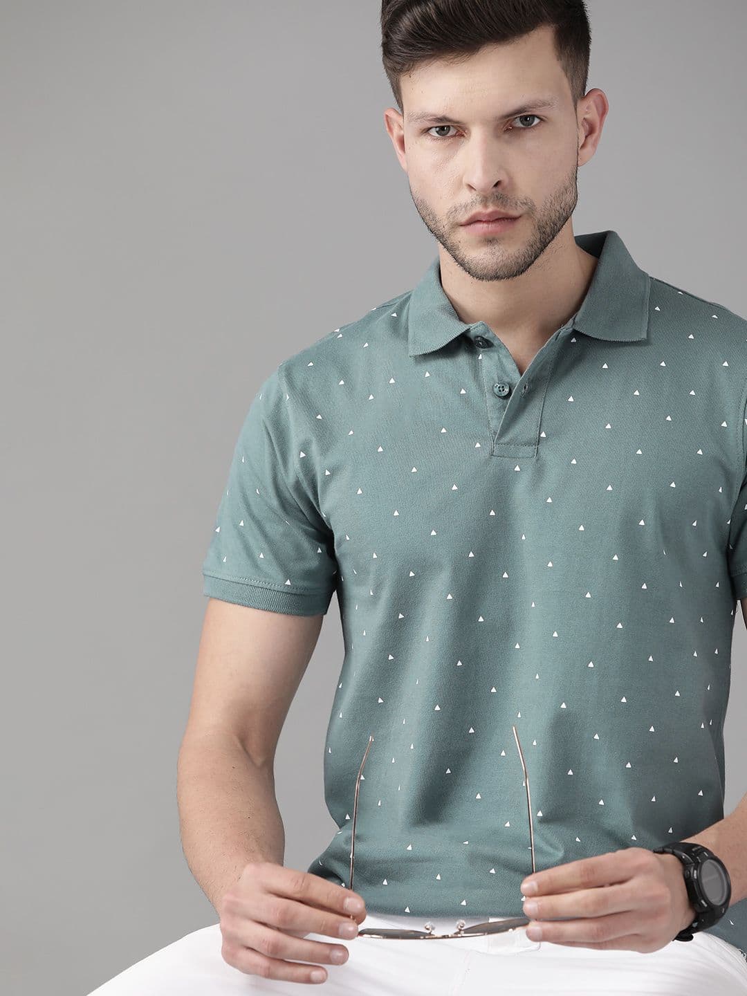Roadster Men Blue Printed Pure Cotton Polo Collar T-shirt - view 1