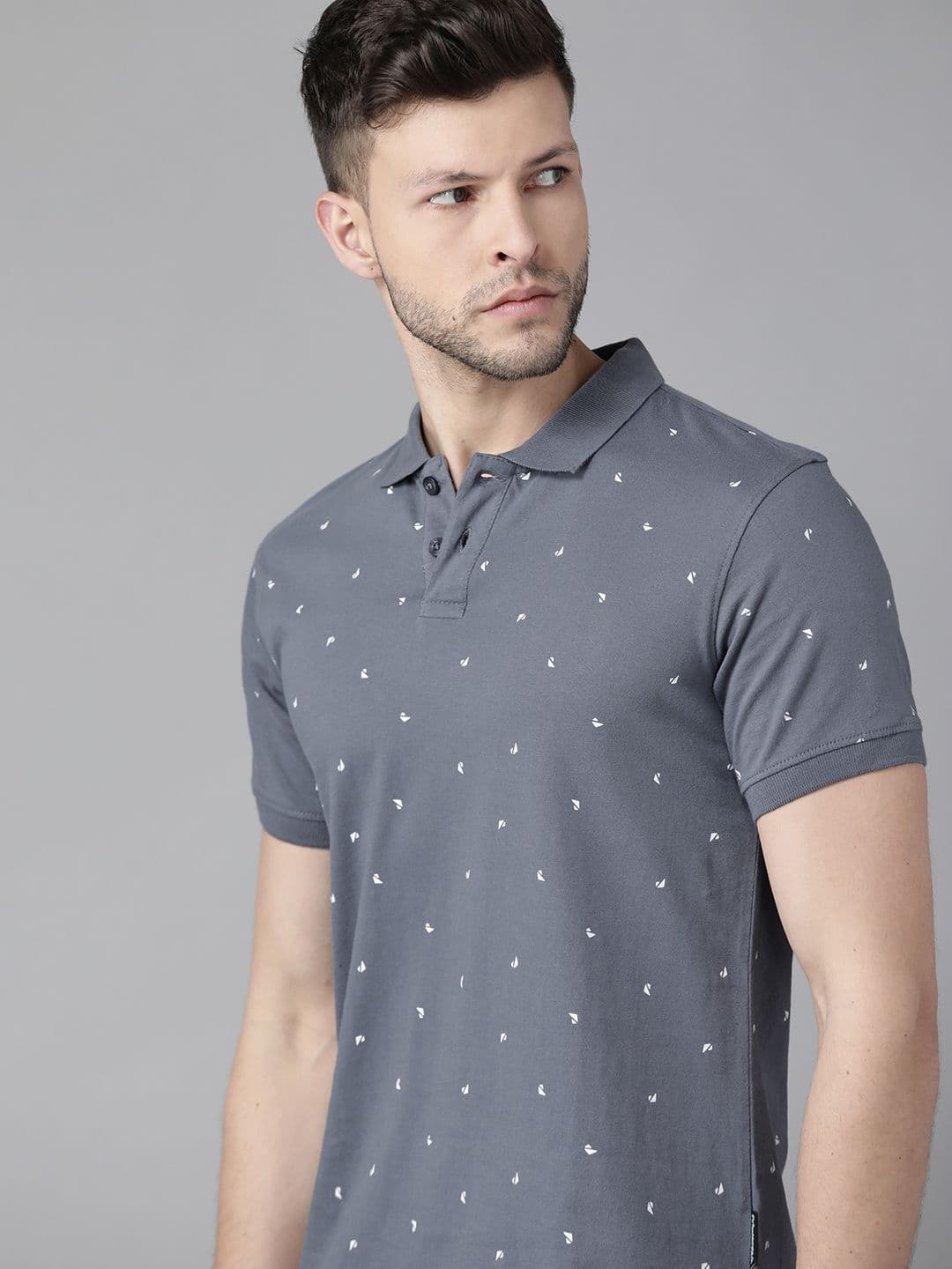 Roadster Men Grey & White Cotton Printed Polo Collar T-shirt - view 1