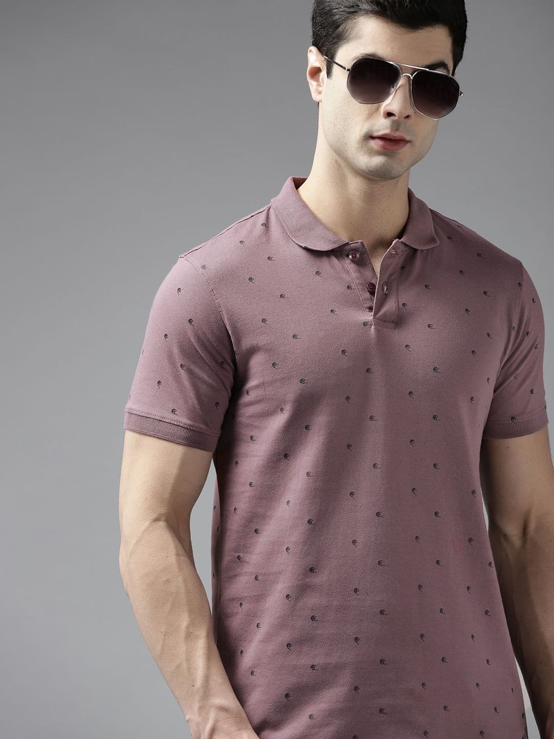 Roadster Men Mauve & Black Printed Polo Collar Pure Cotton T-shirt - view 1