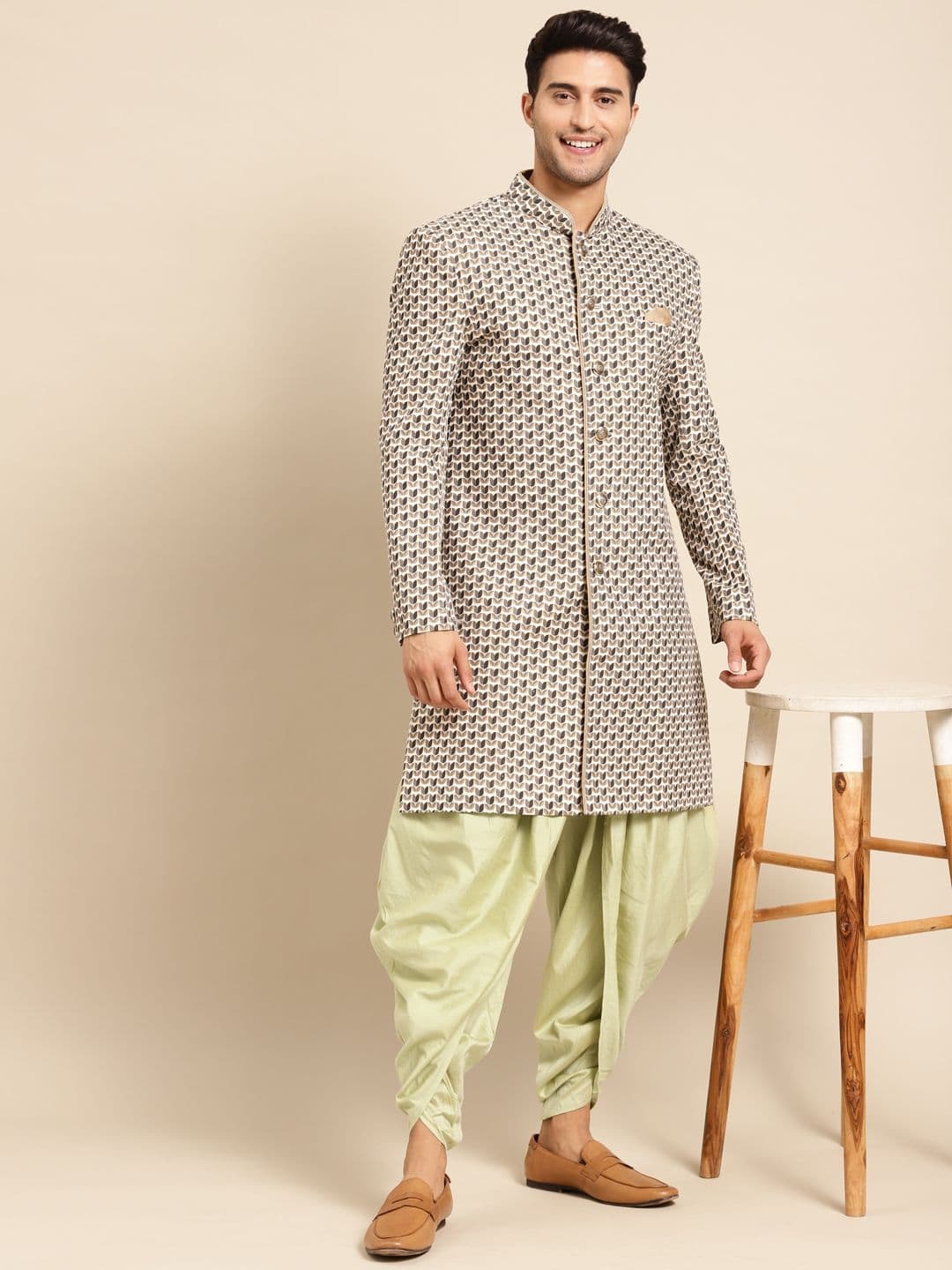 KISAH Men Cream-Coloured & Sage Green Printed Indowestern Sherwani Set - view 1