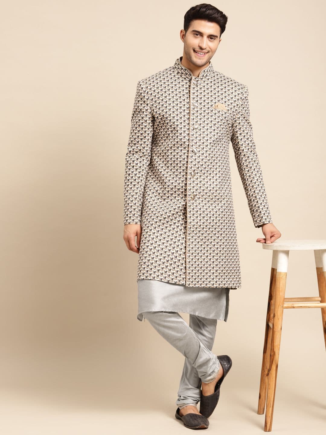 KISAH Men Printed Kurta & Indowestern Sherwani with Churidar Set - view 1