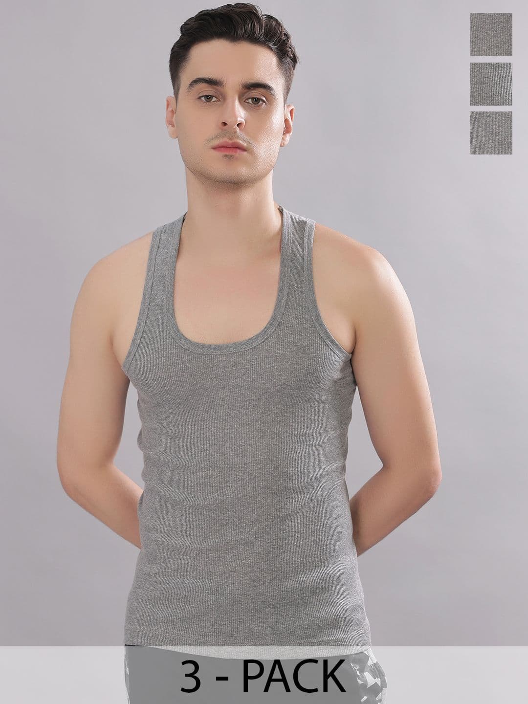 Dollar Bigboss Men Solid Pack of 3 Grey Cotton Stretch Rib Regular Fit Casual Vest - view 1