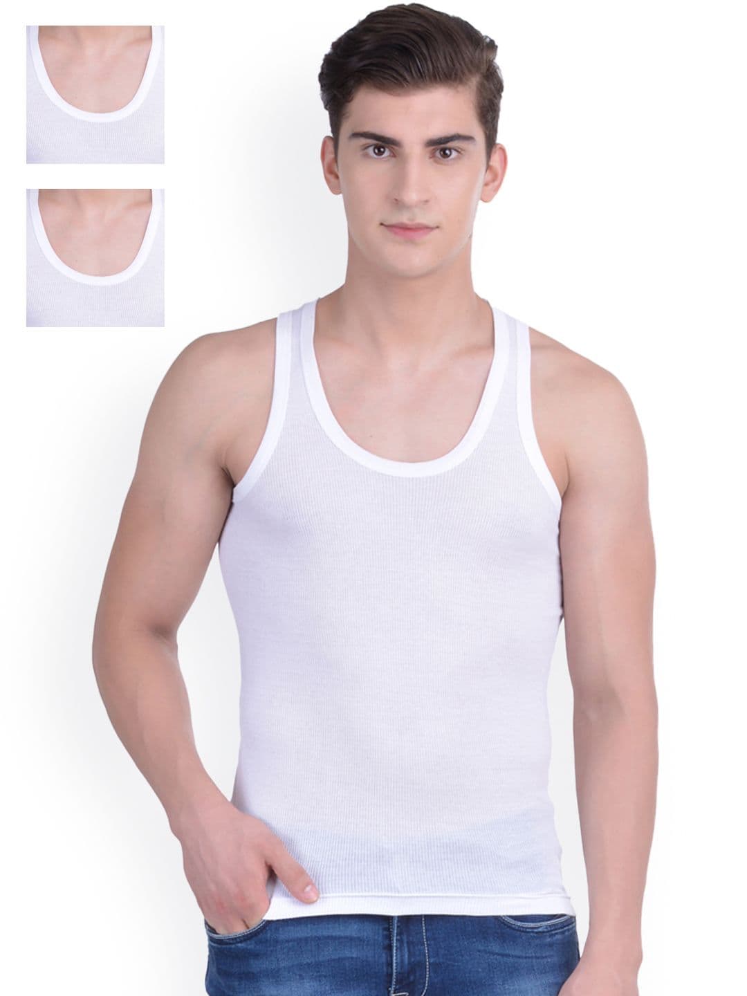 Dollar Bigboss Men Solid Pack of 3 White Cotton Stretch Rib Regular Fit Casual Vest - view 1
