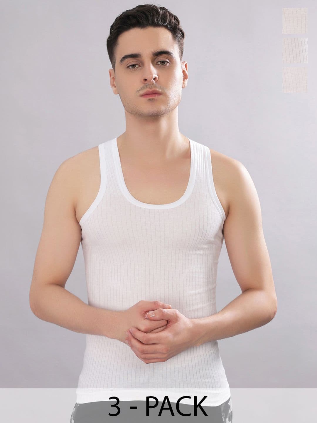 Dollar Bigboss Men Solid Pack of 3 White Cotton Magic Rib Regular Fit Casual Vest - view 1