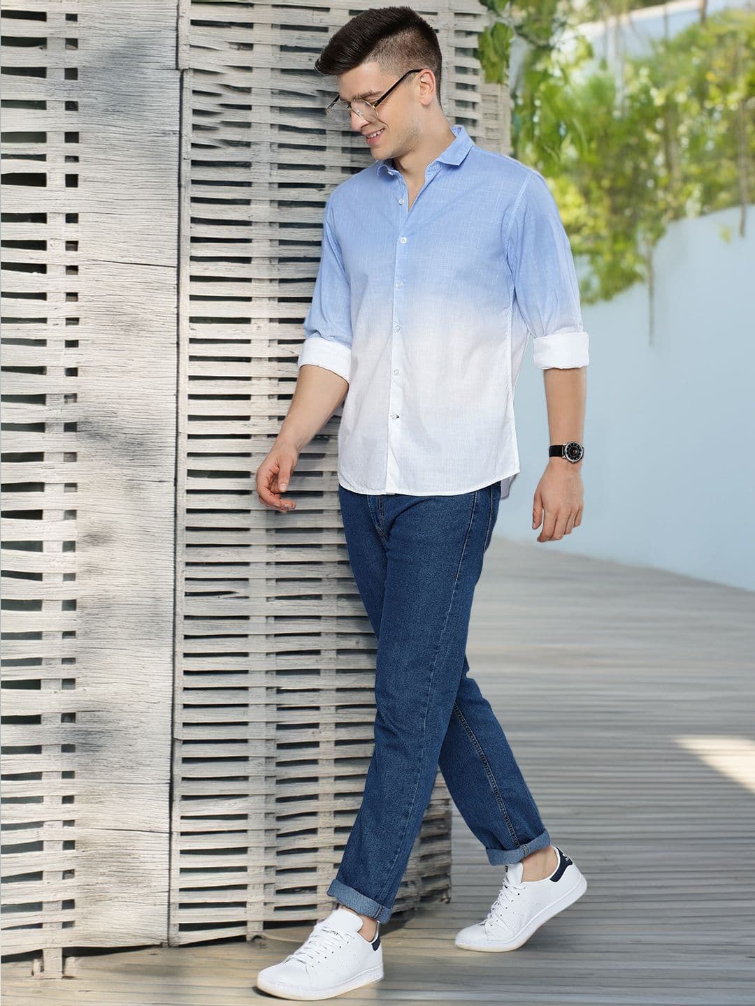 Mast & Harbour Men Blue & White Ombre Dyed Casual Pure Cotton Shirt - view 1