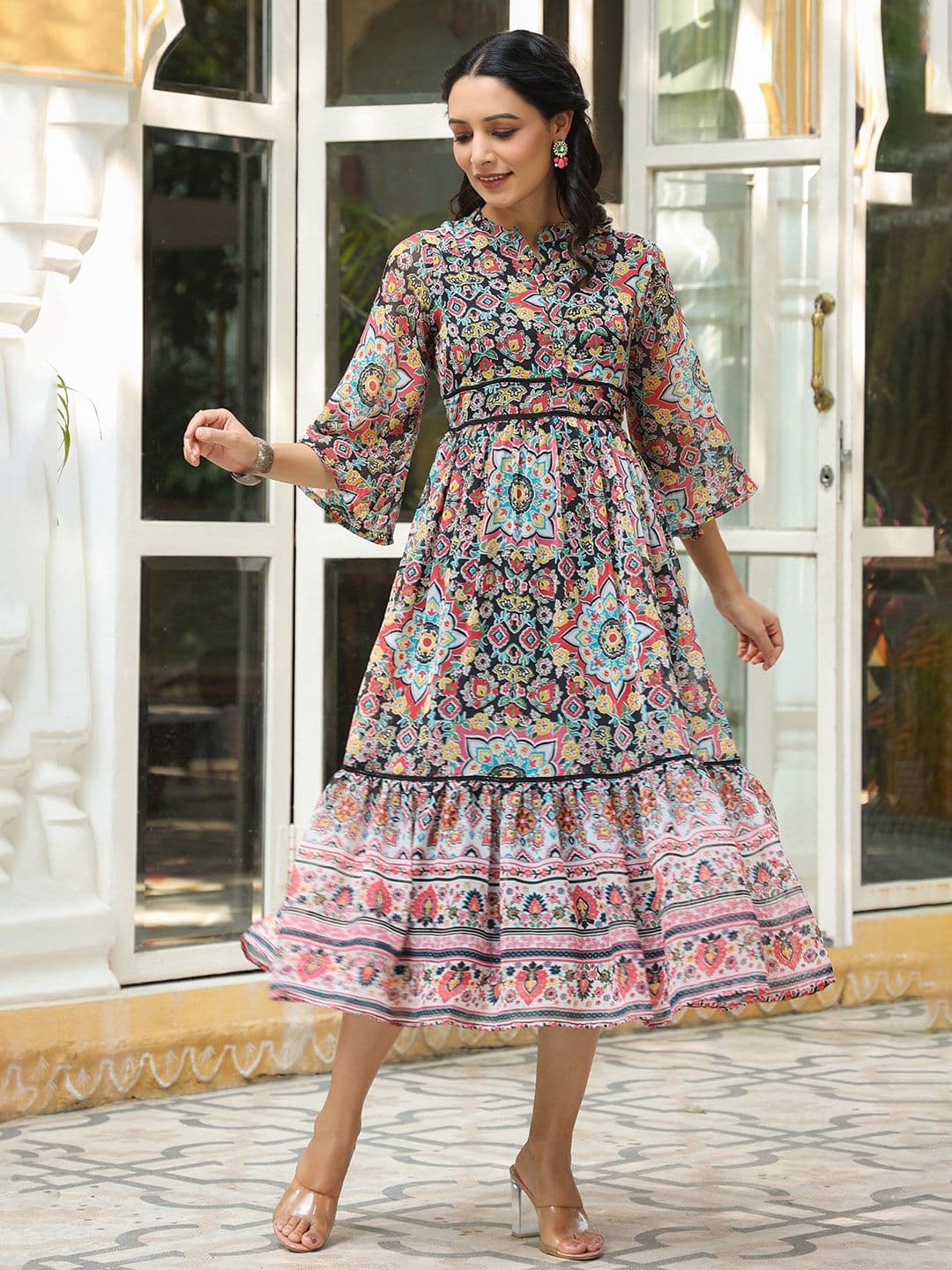 Juniper Women Stylish Black Ethnic Motifs Swirling Volume Dress - view 1