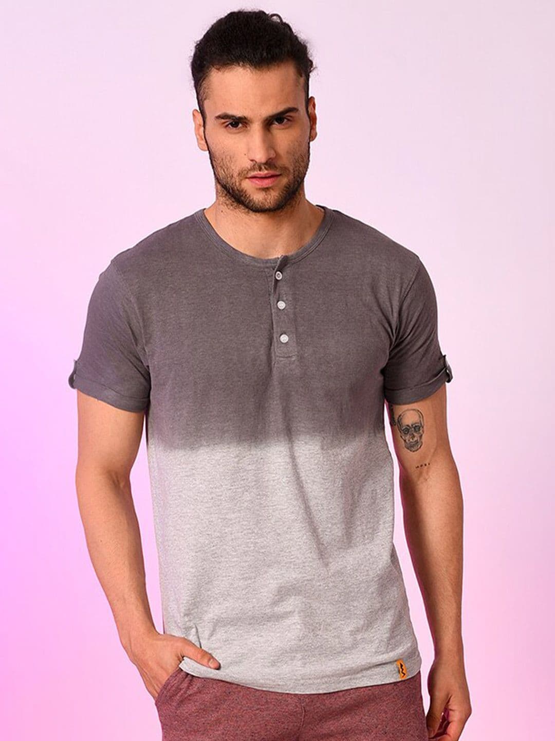 CAHOOT Men Grey Ombre Cotton Henley Neck T-shirt - view 1