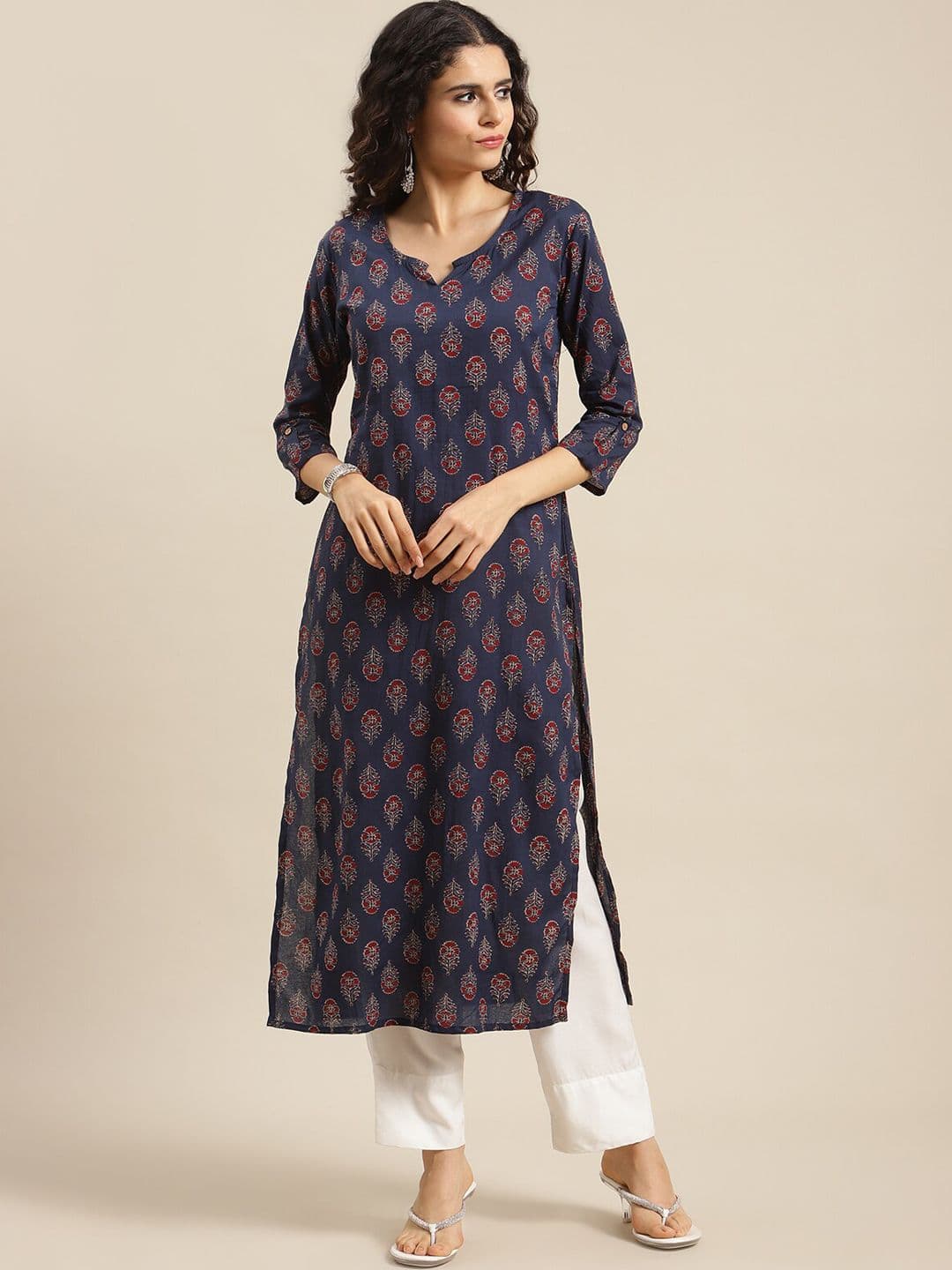 Varanga Women Navy Blue & Red Ethnic Motifs Printed Kurta - view 1