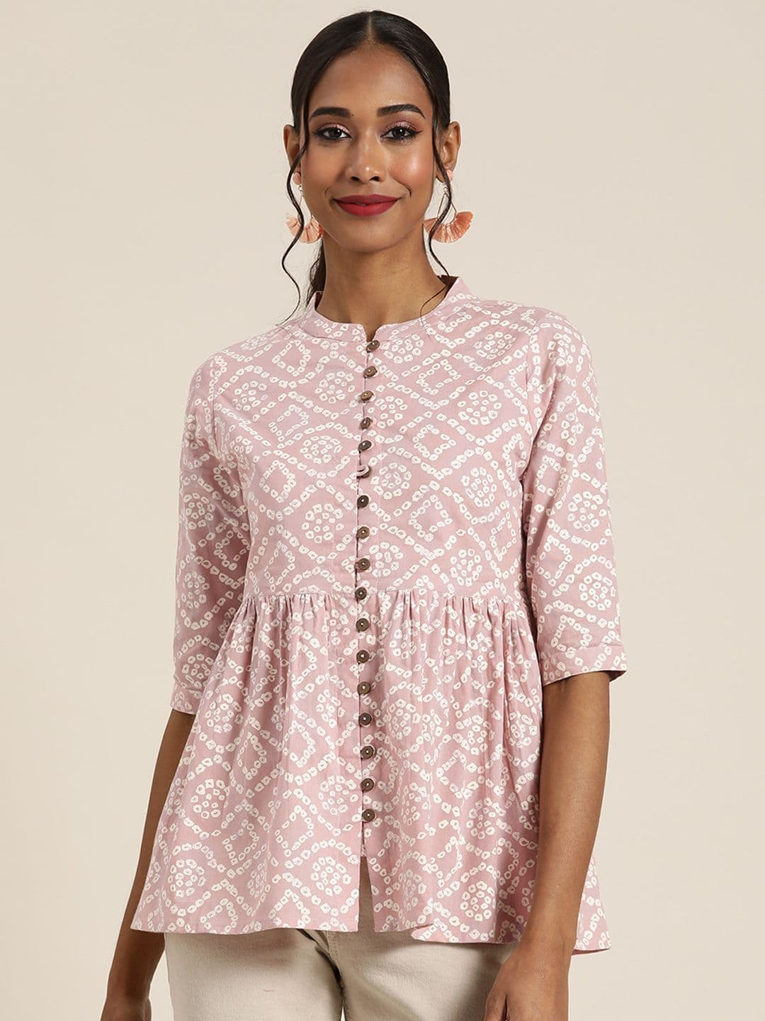 Shae by SASSAFRAS Mauve & White Print Cotton Peplum Top - view 1