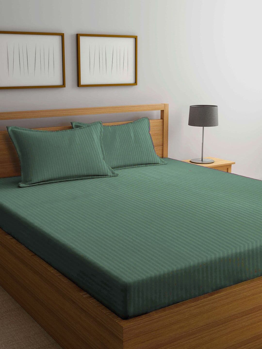 KLOTTHE Green Striped Polycotton 300 TC King Fine Bedsheet with 2 Pillow Covers-98 x 87 inches - view 1