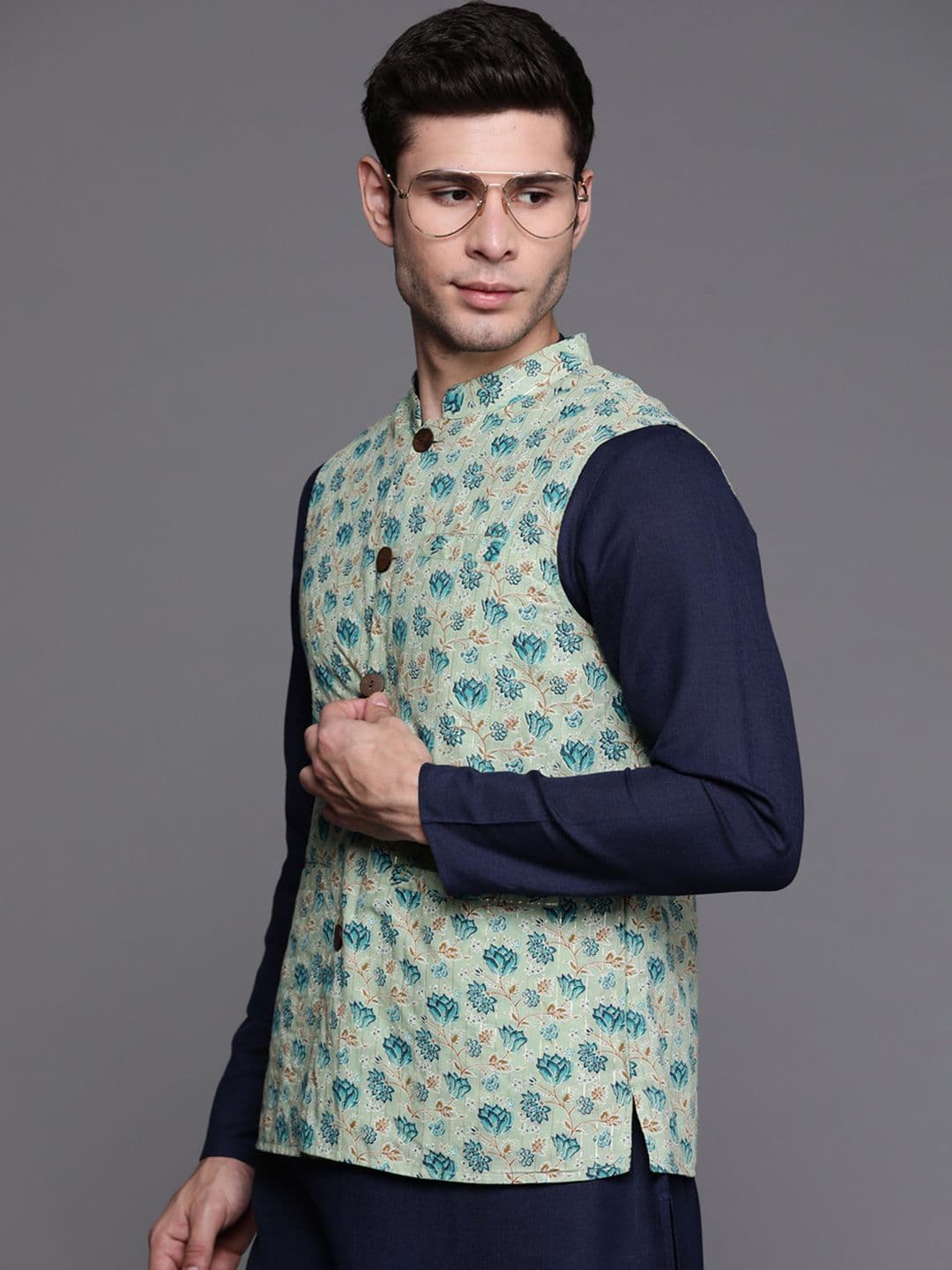 Indo Era Men Sea Green Floral Printed Ethnic Nehru Jacket - view 1