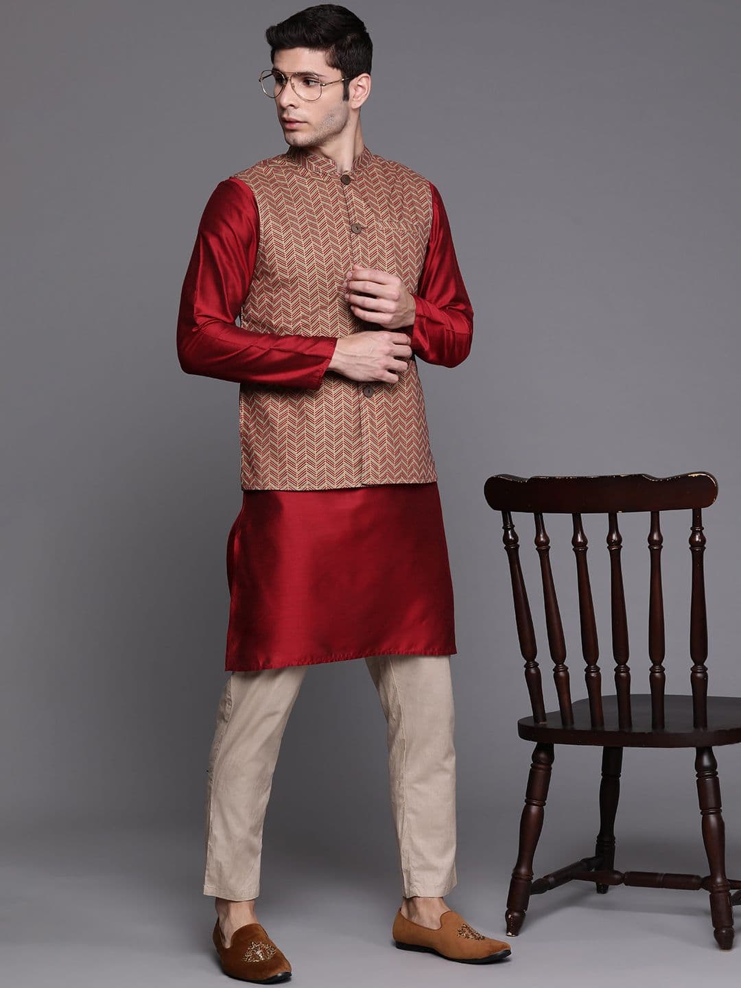 Indo Era Men Maroon & Sage Green Geometric Printed Ethnic Nehru Jackets - view 1