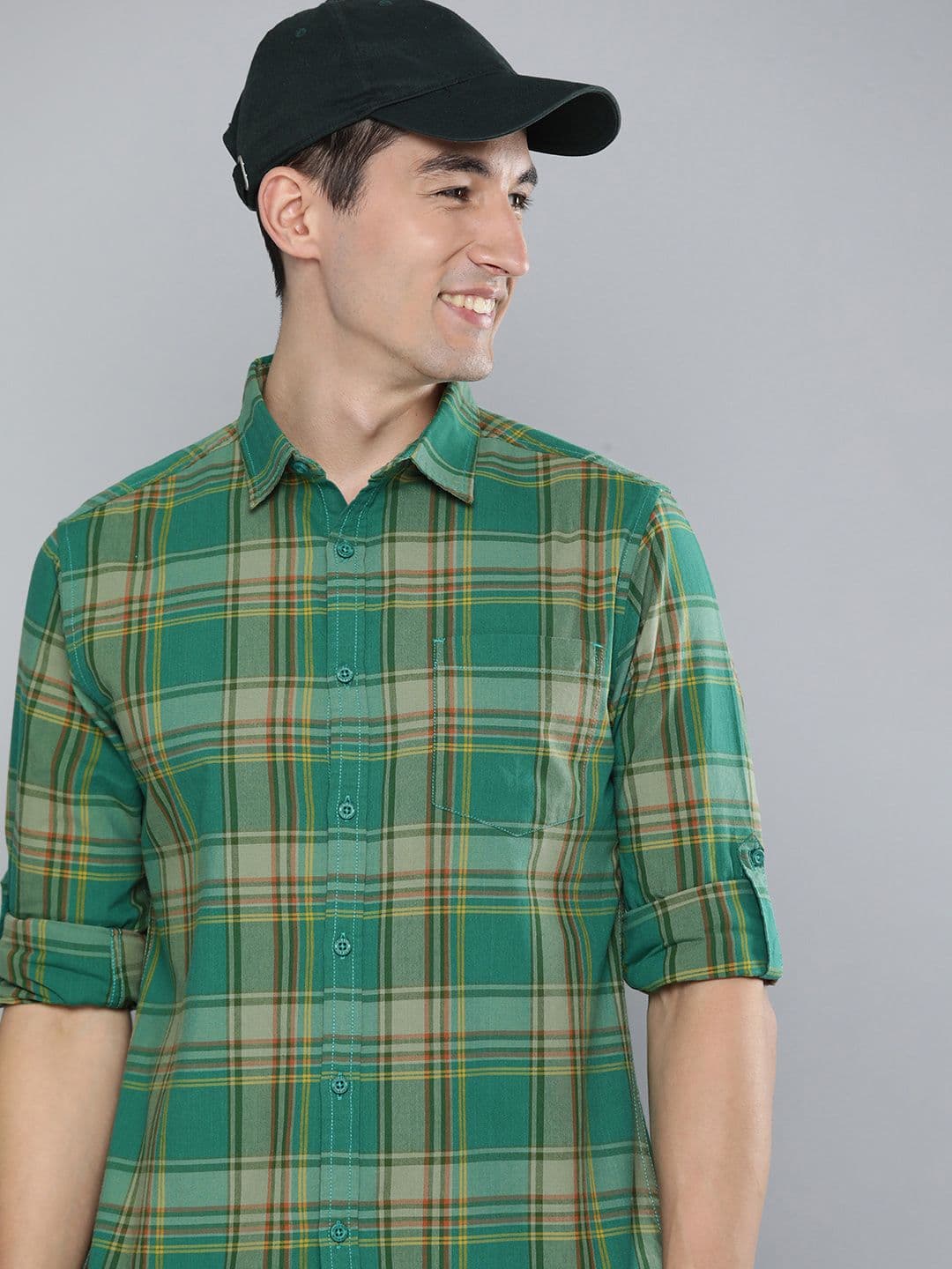 HERE&NOW Men Green & Orange Slim Fit Checked Casual Cotton Shirt - view 1