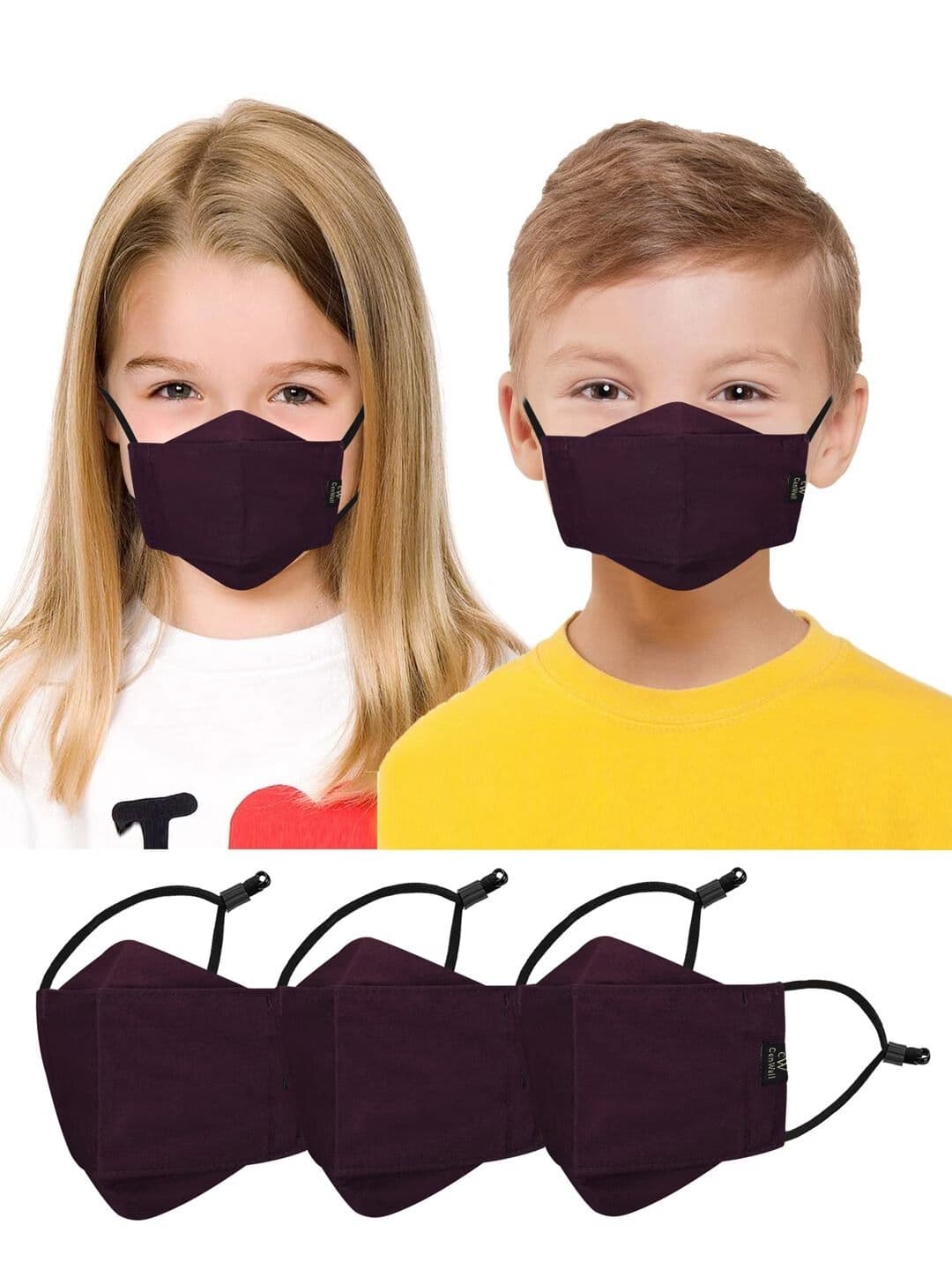 CENWELL Kids Set Of 3 Maroon Solid 6-Ply Pure Cotton 3D Reusable Masks - view 1