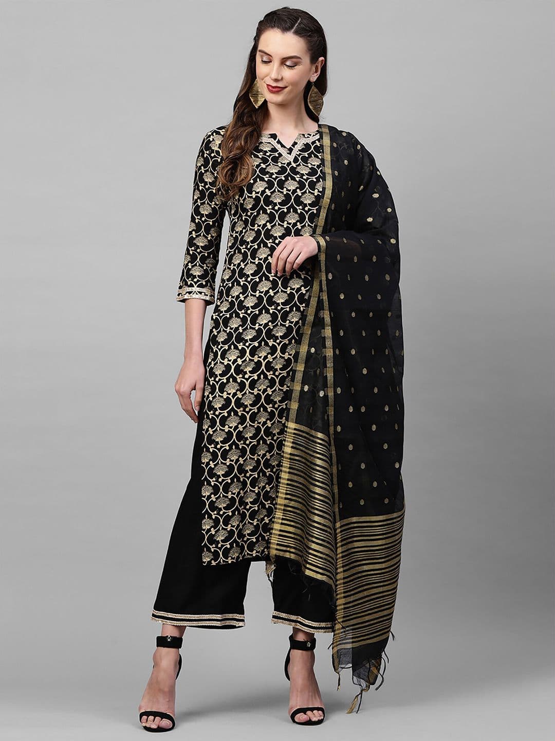 Indo Era Black & Gold-Toned Ethnic Motifs Woven Design Organza Dupatta - view 1