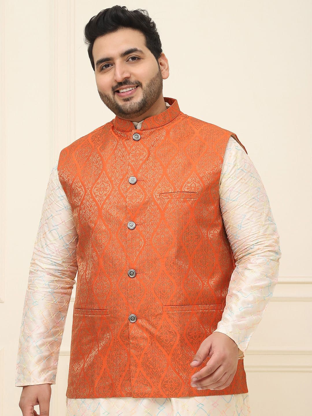 Sojanya PLUS Men's Orange & Golden Woven Design Nehru Jacket - view 1