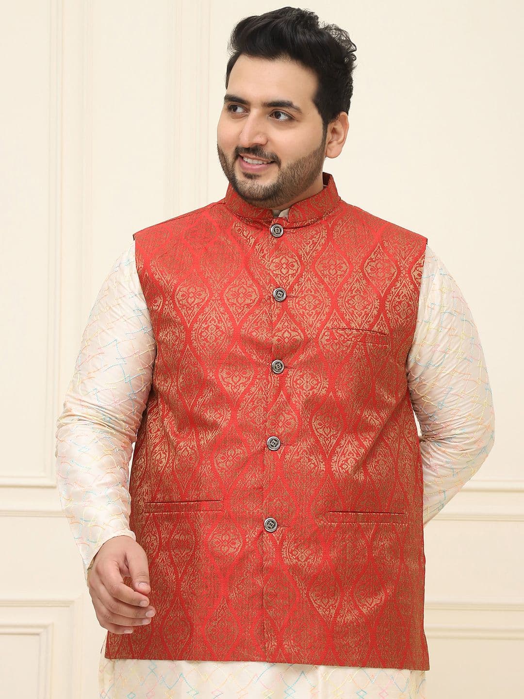 SOJANYA PLUS Men Red & Golden Woven Design Jacquard Nehru Jacket - view 1