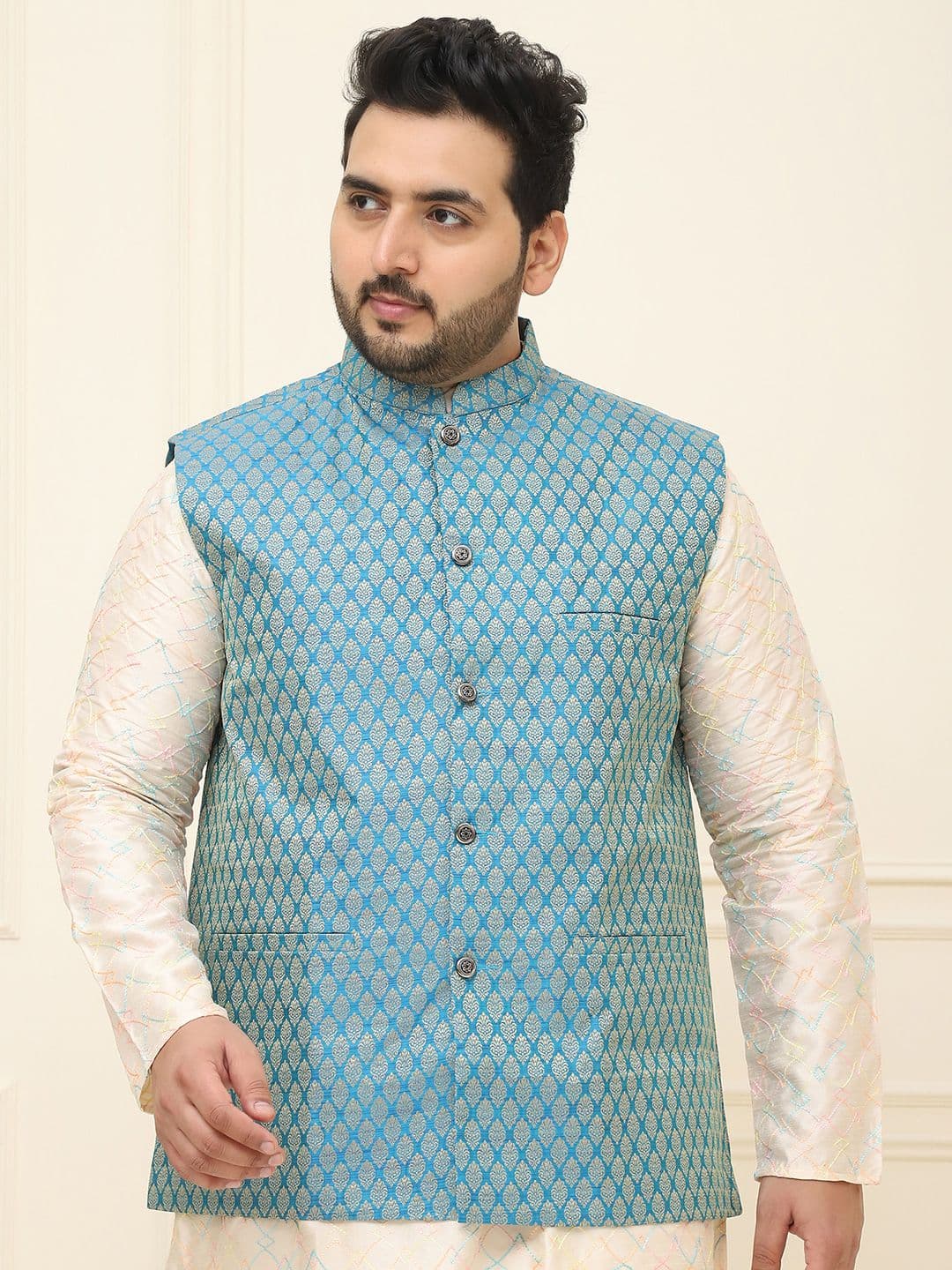 Sojanya PLUS Men's Blue & Golden Woven Design Nehru Jacket - view 1