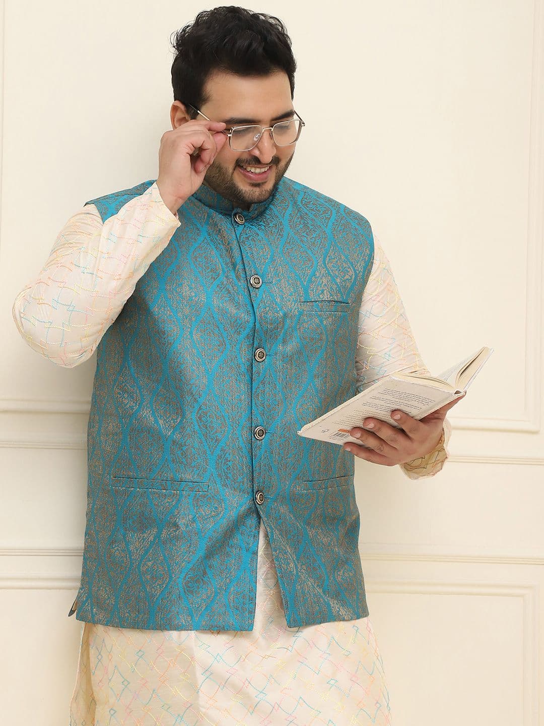 SOJANYA PLUS Men Teal Jacquard Nehru Jacket - view 1