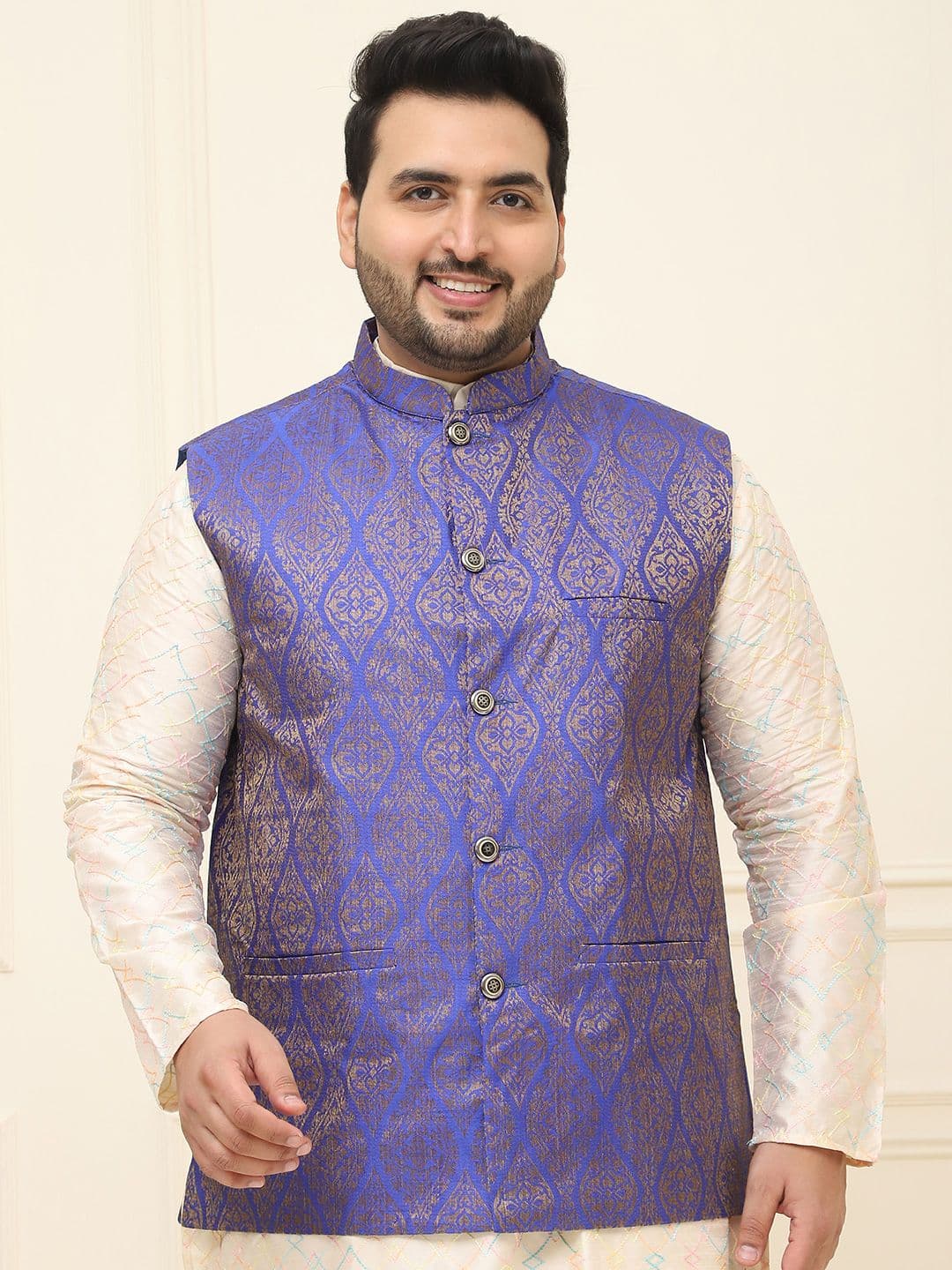 Sojanya PLUS Men's Blue & Golden Woven Design Nehru Jacket - view 1