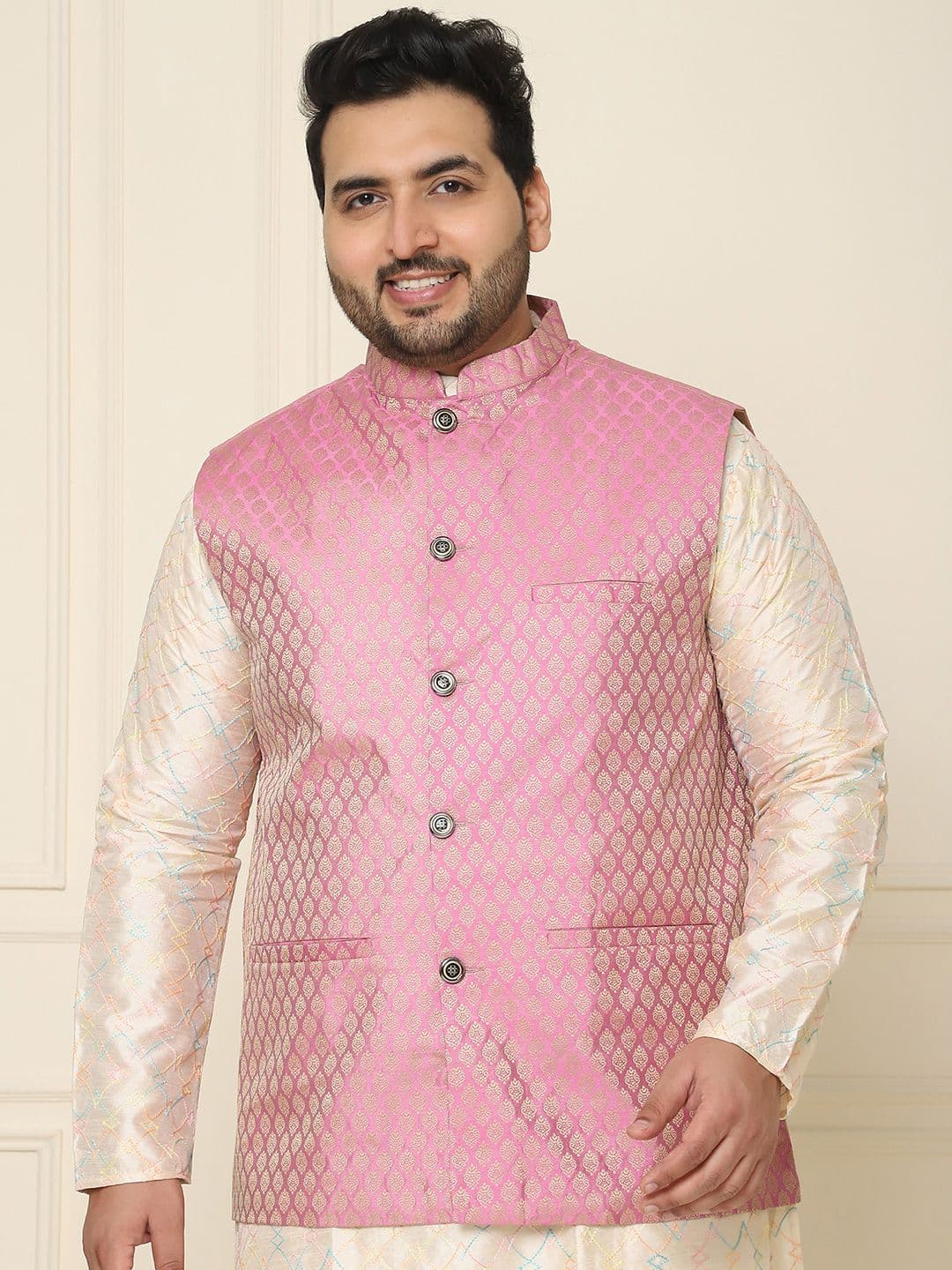 Sojanya PLUS Men's Pink & Golden Woven Design Nehru Jacket - view 1