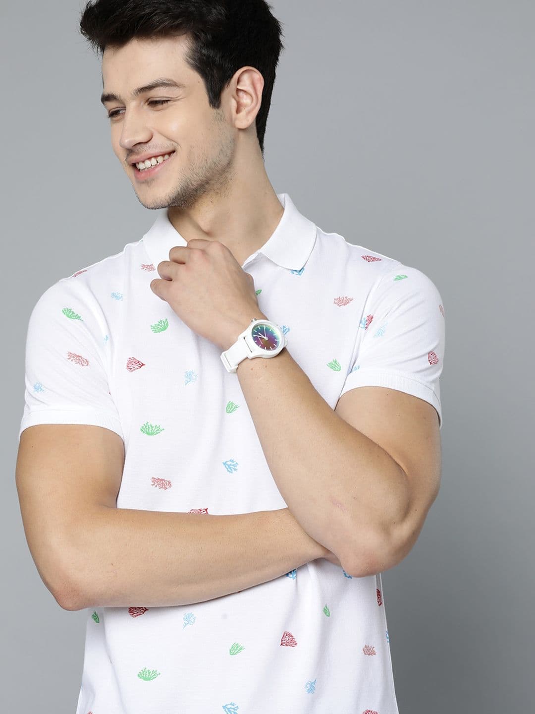Mast & Harbour Men White & Red Conversational Print Polo Collar T-shirt - view 1