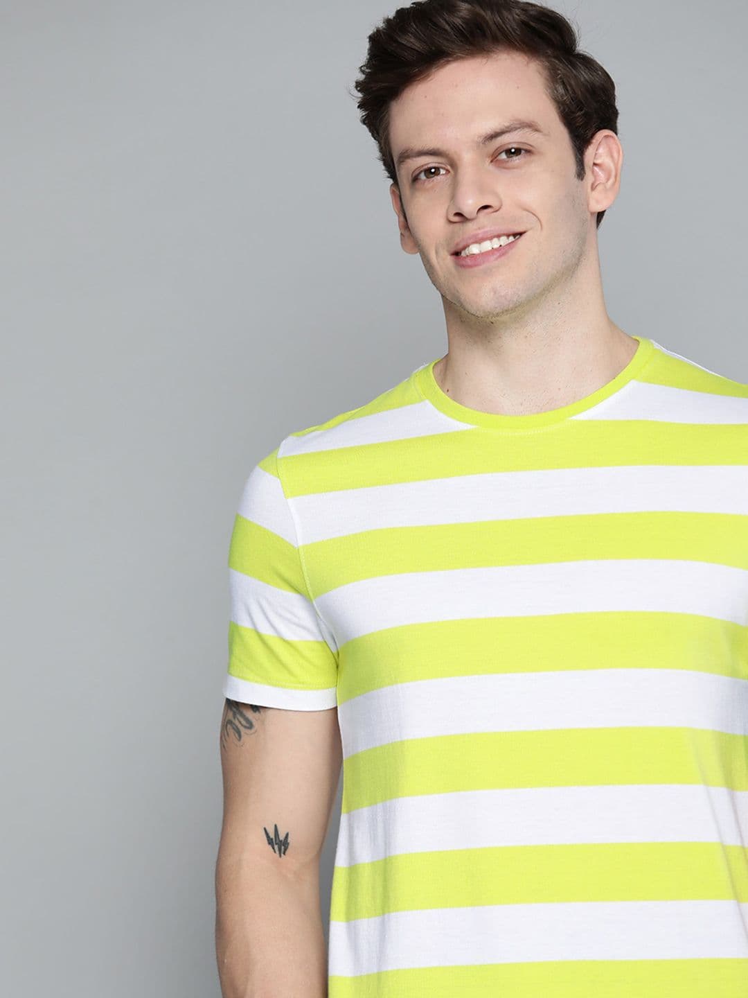 Mast & Harbour Men Lime Green & White Striped T-shirt - view 1