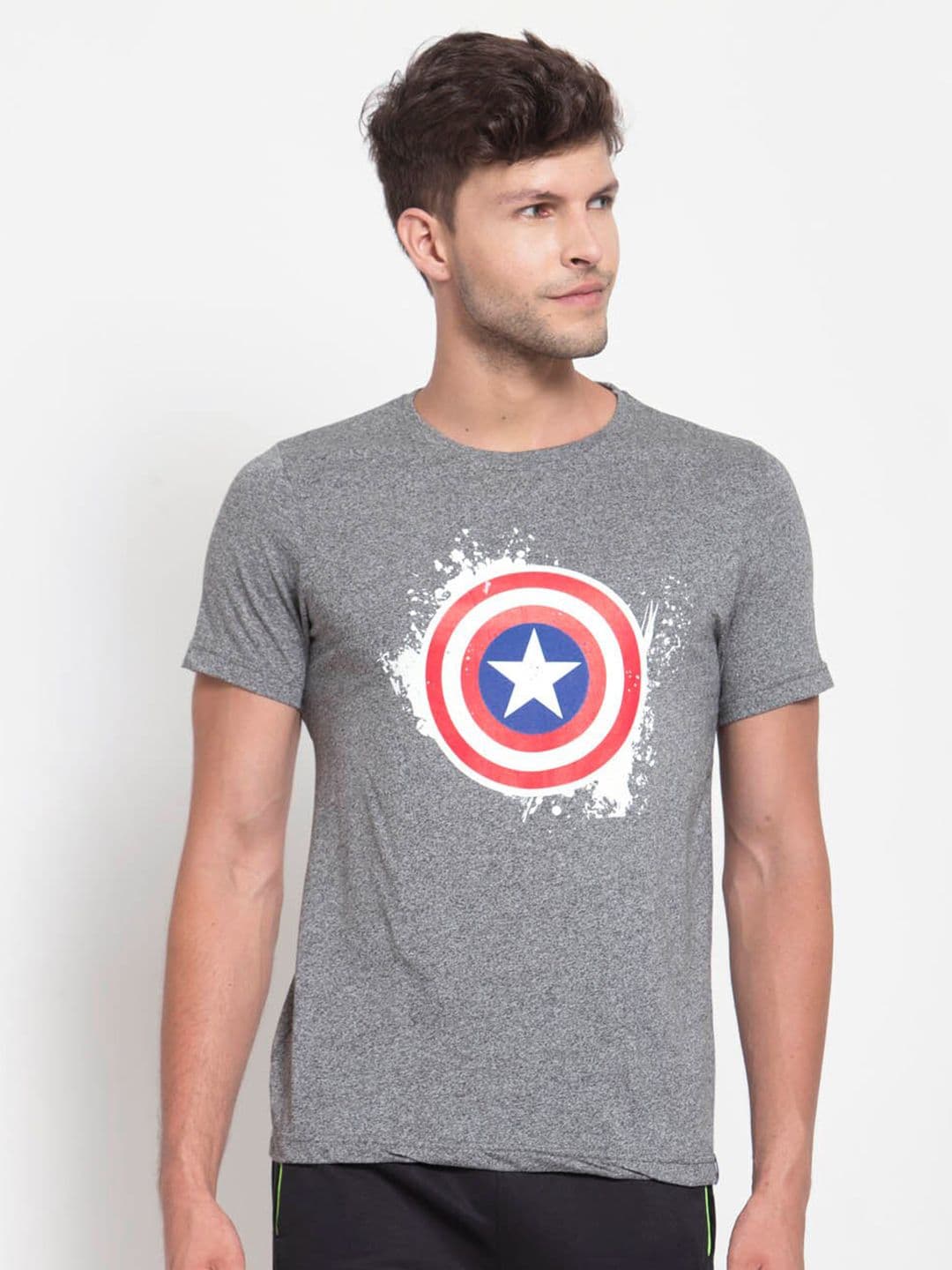 SPORTO Men Grey Melange Captain America Printed Cotton T-shirt - view 1