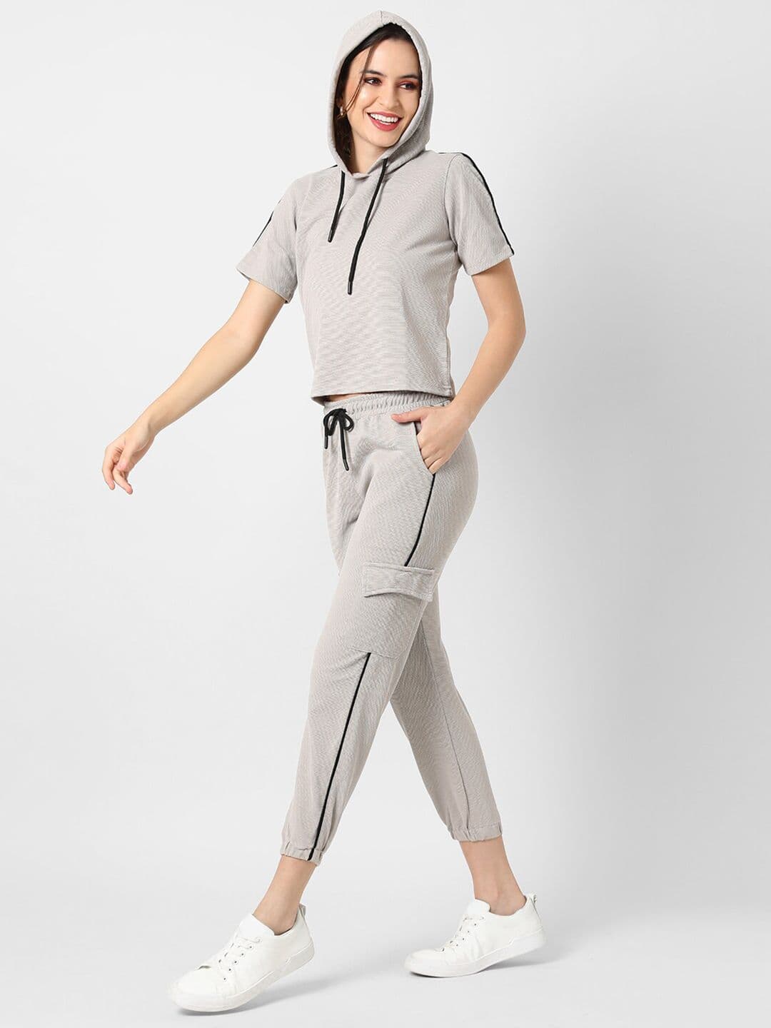 PINACOLADA Women Grey Solid Hooded T-Shirt with Trousers - view 1