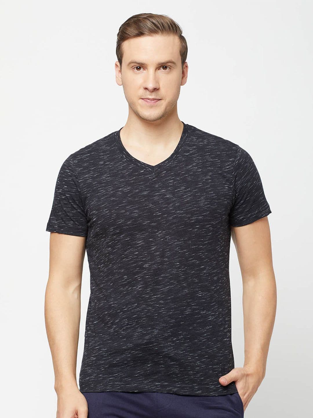 SPORTO Men Black Self Design V-Neck Cotton T-shirt - view 1