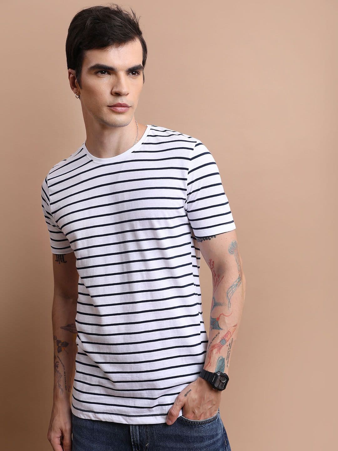 HIGHLANDER Men Striped Slim Fit Round Neck Pure Cotton T-shirt - view 1