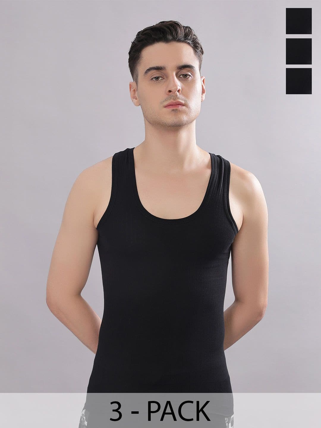Dollar Bigboss Men Solid Pack of 3 Black Cotton Magic Rib Regular Fit Casual Vest - view 1