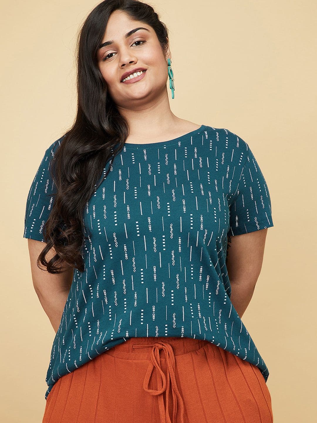 max Plus Size Women Teal Printed Pure Cotton T-shirt - view 1