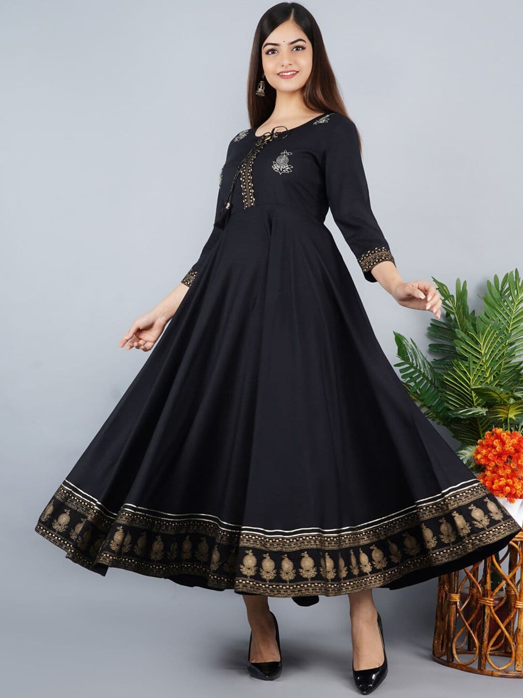 KALINI Women Black & Golden Floral Embroidered Anarkali Kurta - view 1