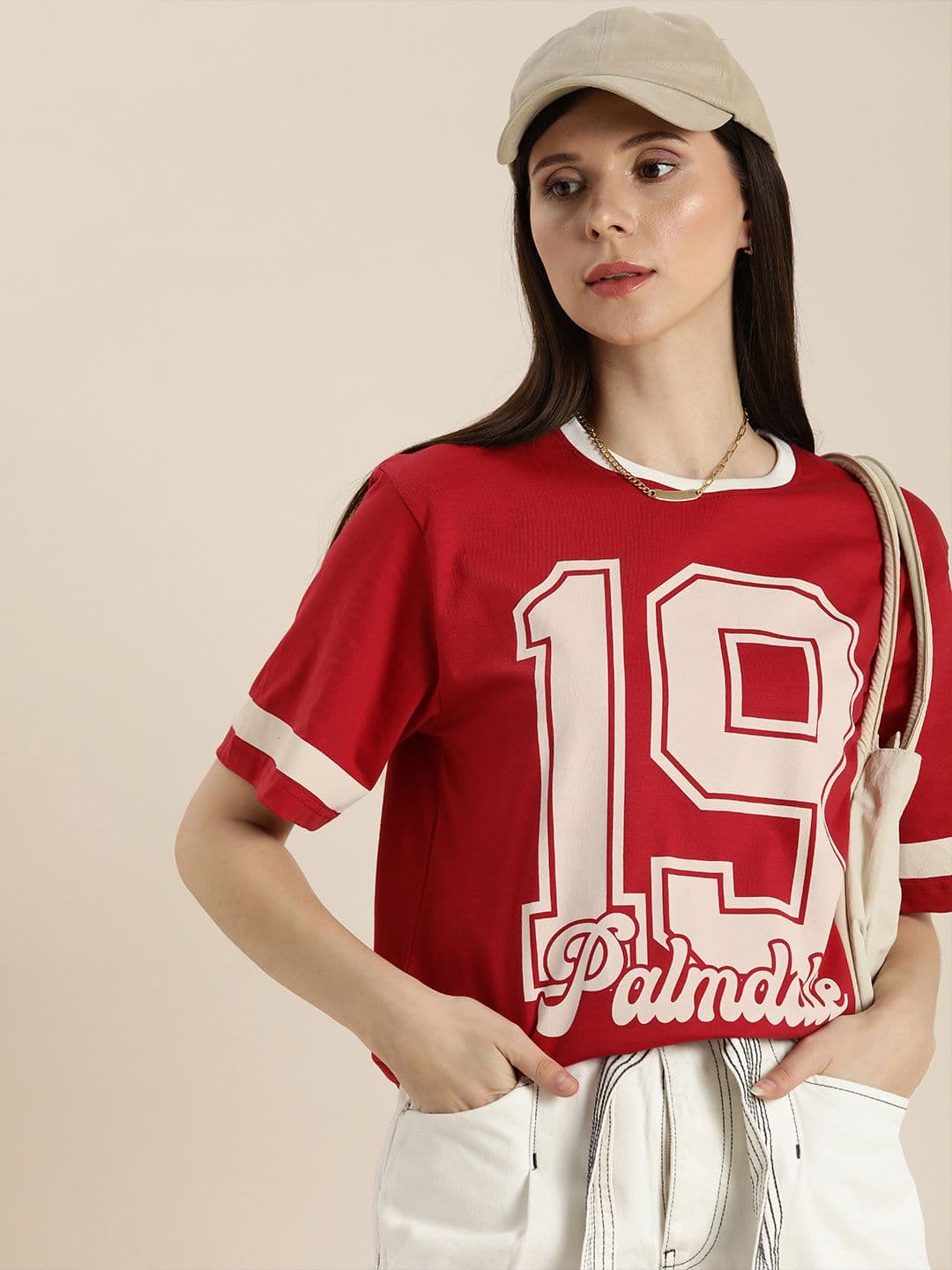 DILLINGER Women Red & Beige Varsity Printed Pure Cotton Oversized T-shirt - view 1
