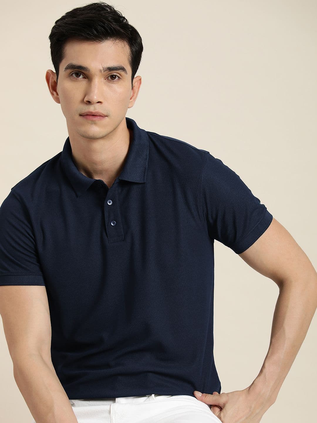 ether Men Navy Blue Solid Polo Collar Indigo Antimicrobial Slim Fit T-shirt - view 1