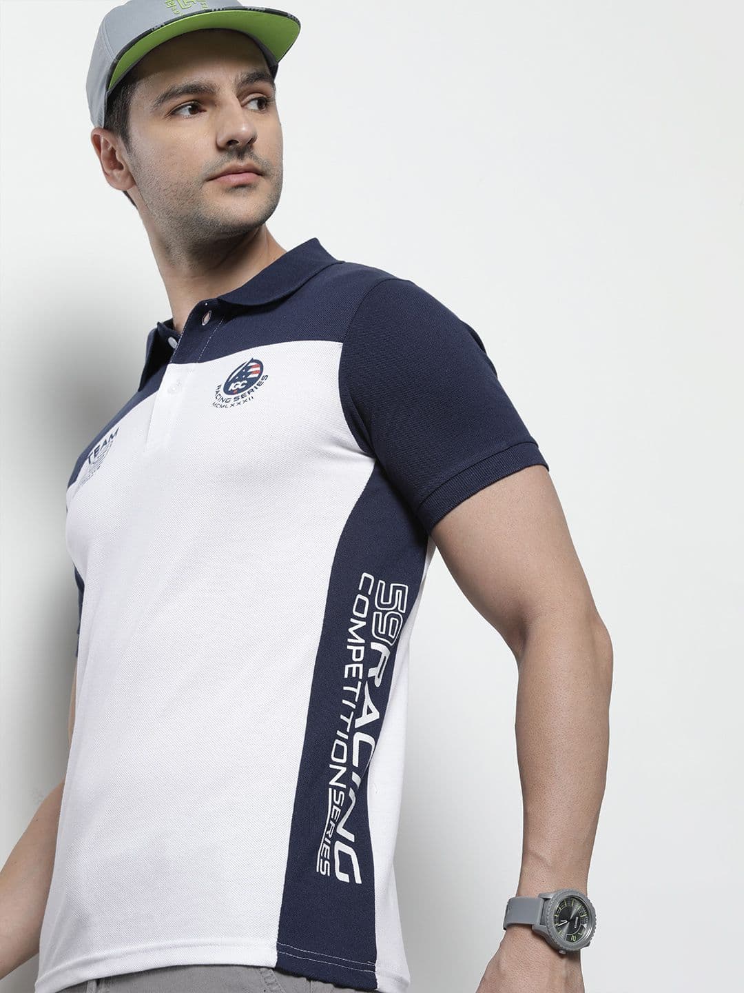 The Indian Garage Co Men White & Navy Blue Colourblocked Polo Collar T-shirt - view 1